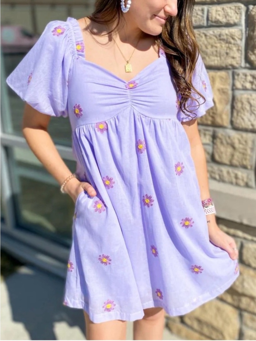 Altar'd State Lilac Daisy Embroidered Mini Dress